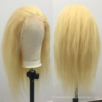 613 Blonde Kinky Straight Remy Human Hair Wig Full Transparent Lace Wigs 613 Blonde 8"-26 Long 150% Density Hair Wigs